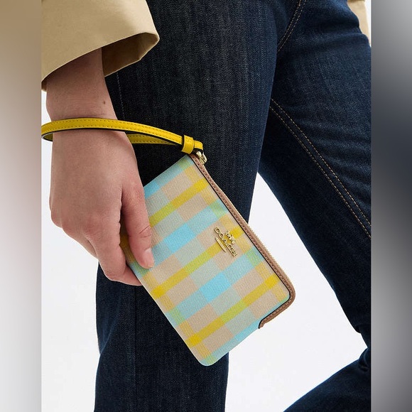 Coach Corner Zip Wristlet With Plaid Print- Color: Im/Bright Maize Multi - Picture 1 of 6